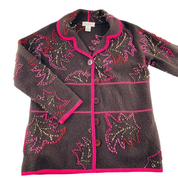 Susan Bristol Womens Large Hand Embroidered Wool Blend Brown Cardigan With Pink - Picture 1 of 6
